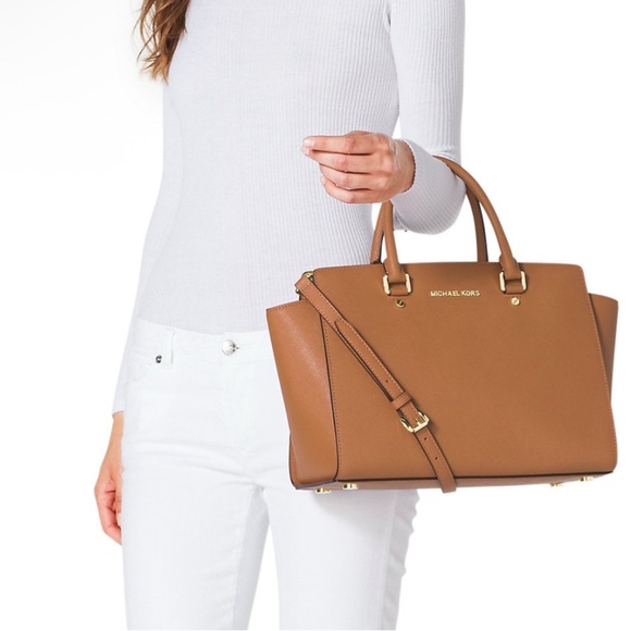 Michael Kors Selma Saffiano Leather Medium Satchel in Cognac - Picture 2 of 8